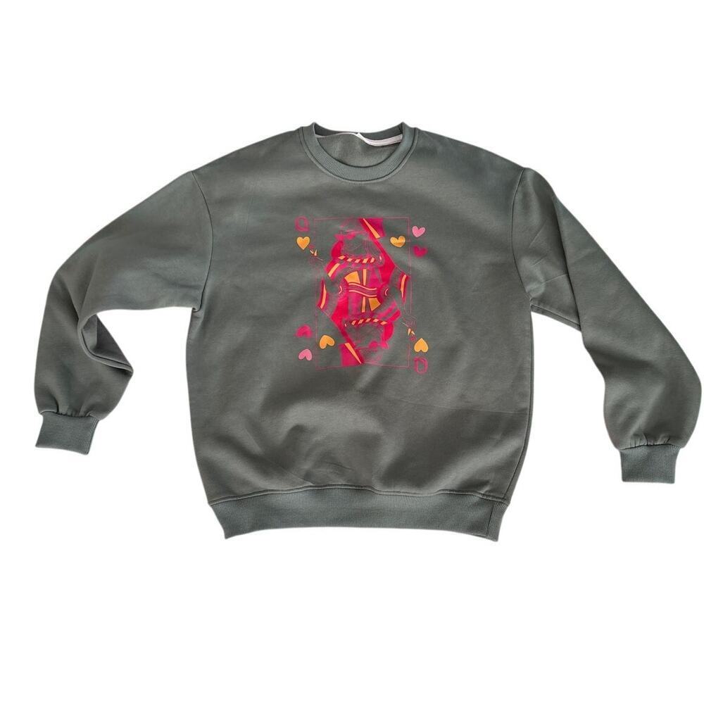 Green Graphic Sweatshirt Playing Card Hearts Oversized Fit - Picture 6 of 7